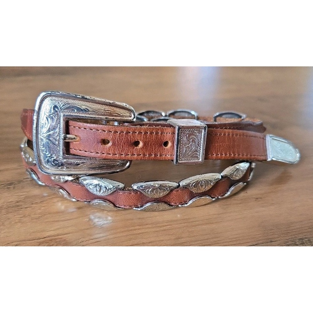 VTG 90s Y2K JUSTIN Ladies Leather/.50 Silver Conchos Belt W/Tip M/L Brown